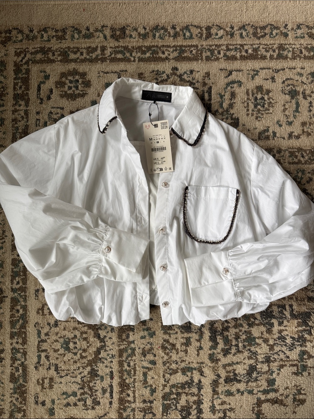 Zara White Button-Up Shirt with Black Beaded Collar
